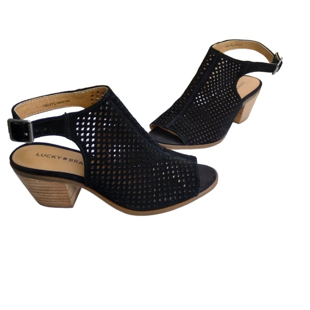 Lucky Brand Bertel Sandal Sling Back Perforated Leather Suede Block Heel Size 7 - Picture 1 of 13